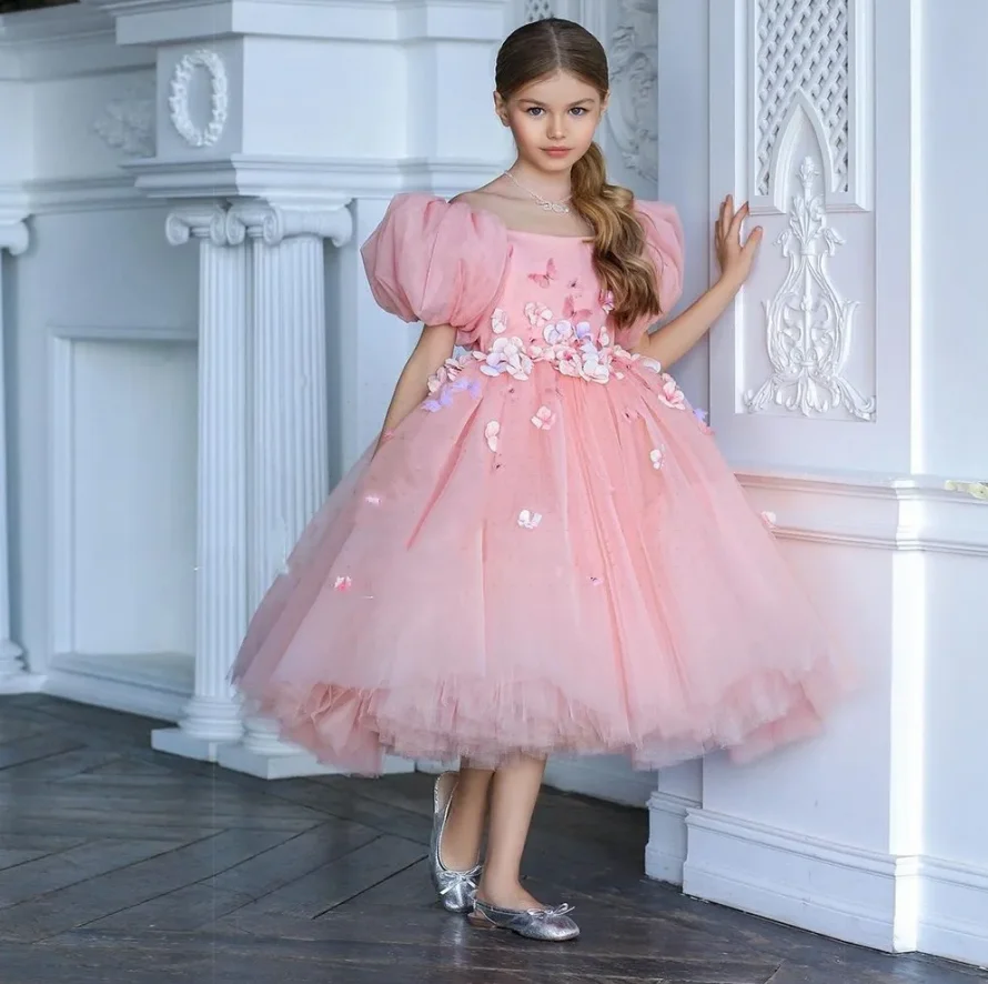 

Pink Flower Girl Dresses for Wedding Lace Appliques 3D Flowers Boat Neck Kids First Holy Communion Gown Prom Dresses