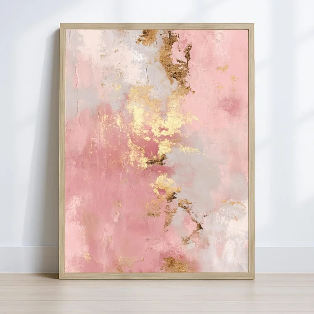 Frameless Pink Gold Abstract Wall,Blush Modern Abstract Watercolor Living Room,Romantic Bohemian Office Digital Download Decor