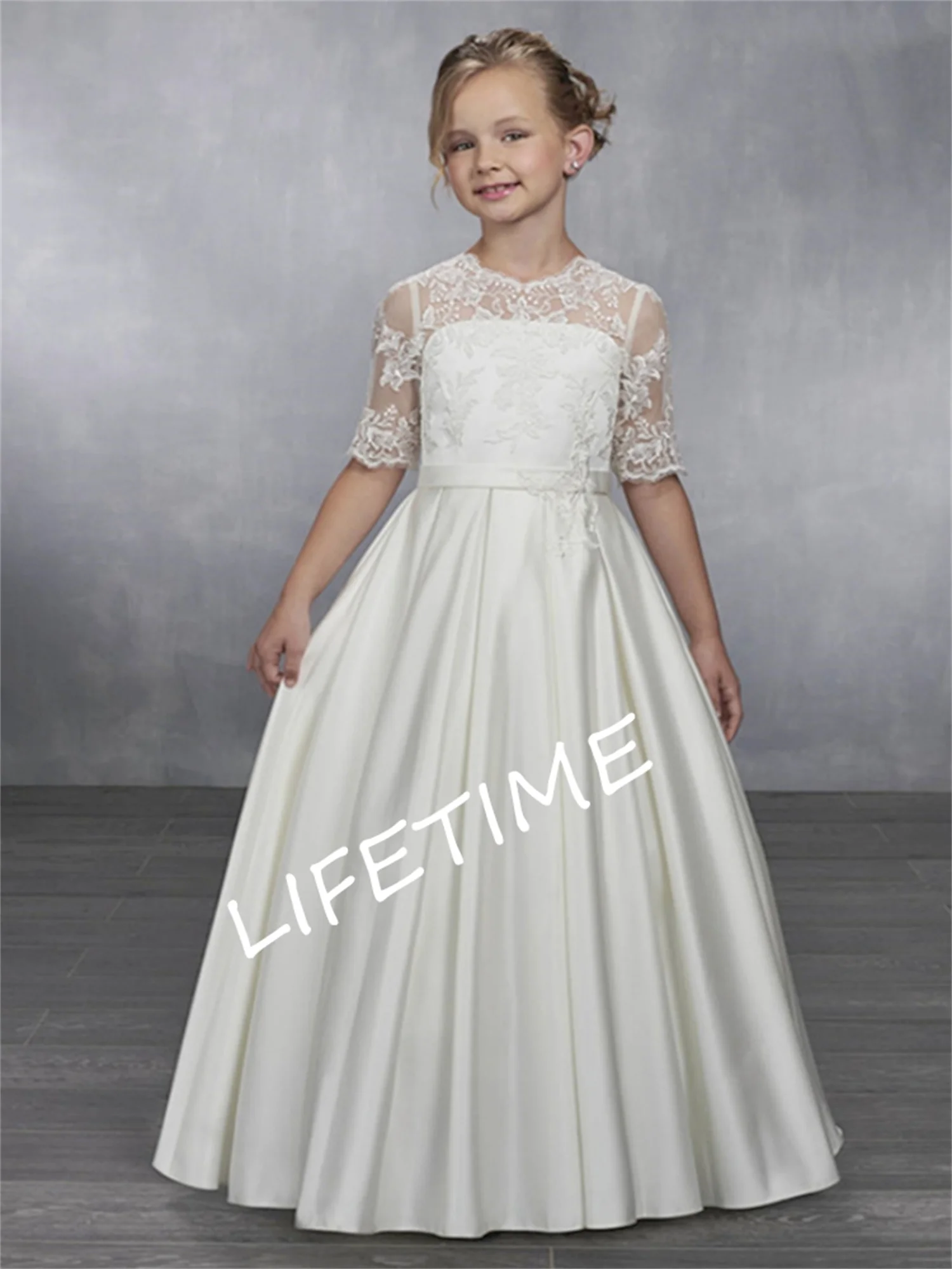 White Flower Girl Dresses Satin Appliques Half Sleeve For Wedding Birthday Party Pageant Banquet Princess Gowns