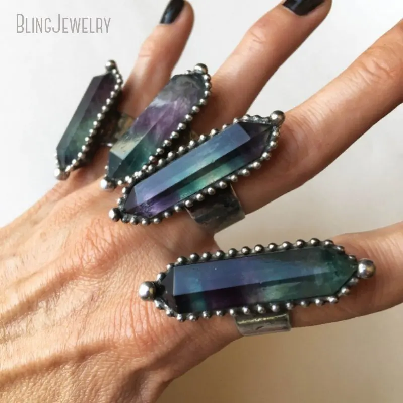 RM46901 Rainbow Fluorite Double Terminated Ring Green Natural Crystal Gemstone Witch Boho Goth Punk Rock Chunky Jewelry