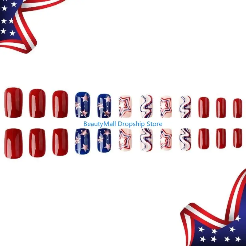 

40JD 24 Pcs 4th of July False Independence Day Press On Square Acrylic