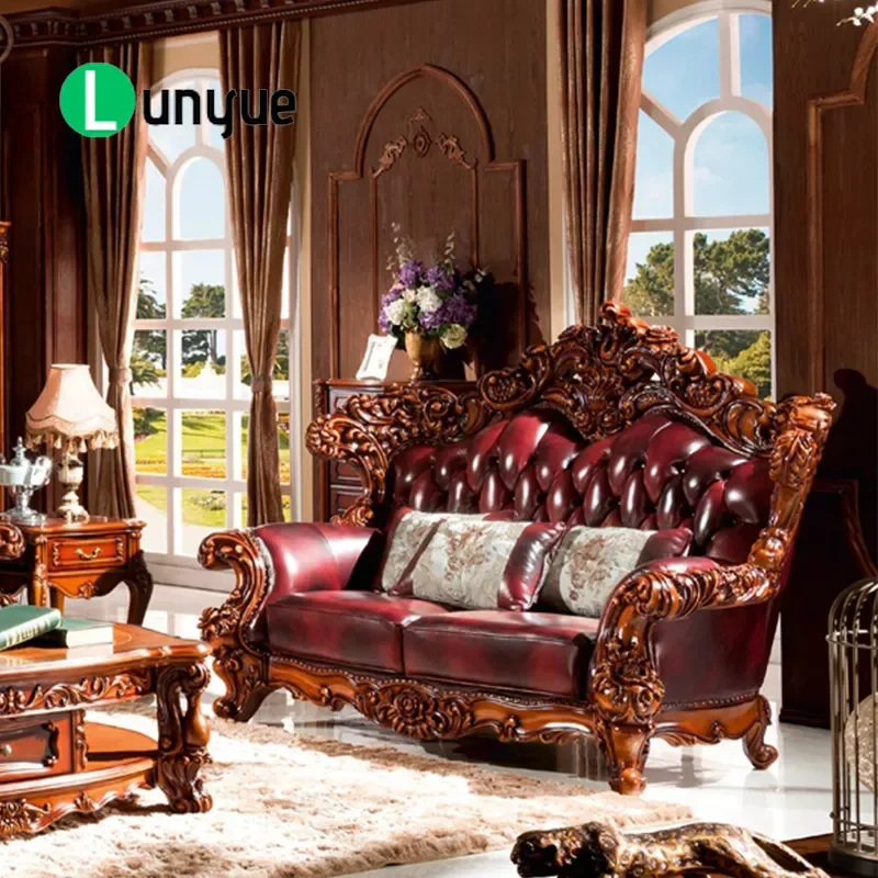 European Carved Solid Wood Leather Sofa Set Full Grain Cowhide Living Room Furniture for Villa Large Apartment Art Design
