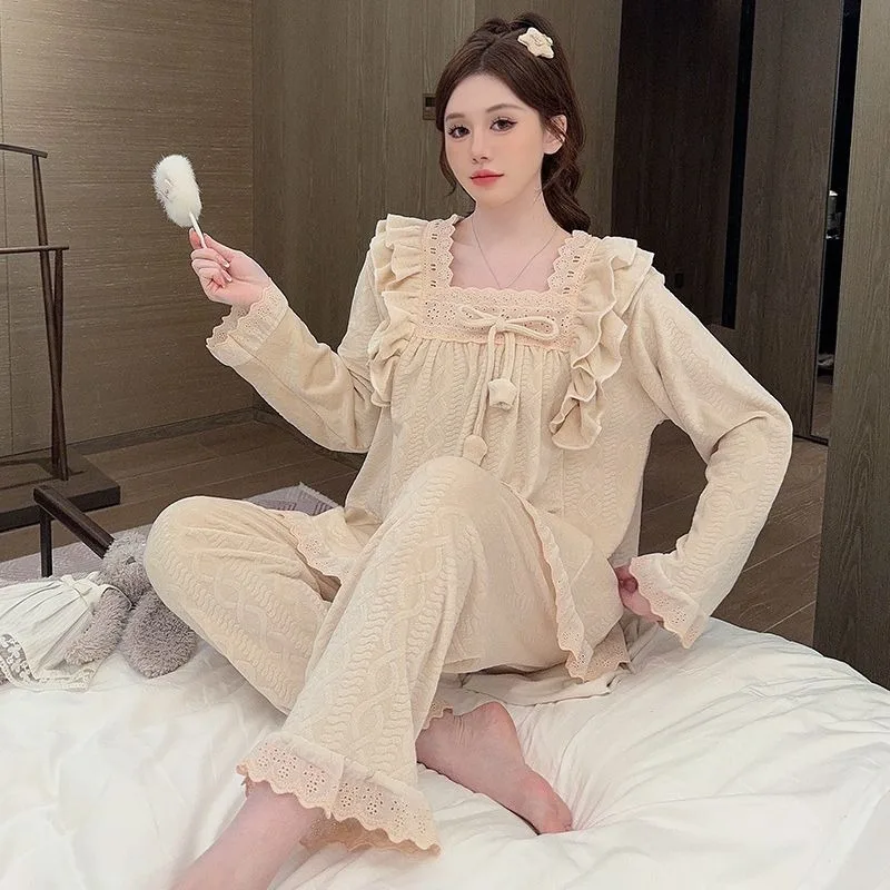 

M-5XL Женский флисовый пижамный комплект больших размеров, зимний комплект Wram, винтажный комплект для отдыха, плотные корейские пижамы с кружевной оборкой, викторианская одежда для сна