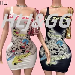 HLJ Y2K Pattern Printing Bodycon One Piece Spaghetti Strap Mini Dresses Women Sleeveless Backless Slim Vestidos Sexy Streetwear