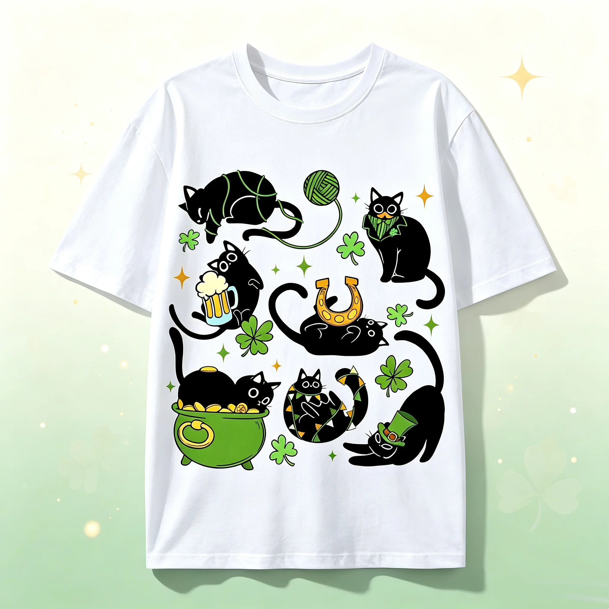 St Patrick's Day Black Cat Graphic T‑Shirt Clover Lucky Horseshoe Print Short Sleeve Crew Neck Unisex Casual Tees For Cat Lovers