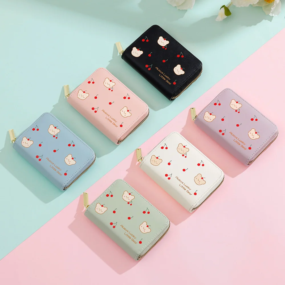 Cute Little Bear Cherry Printed Card Bag For Women Girls Wallet Multi Slot Card Bag Student Lovely Card Cover Zipper Money Pouch