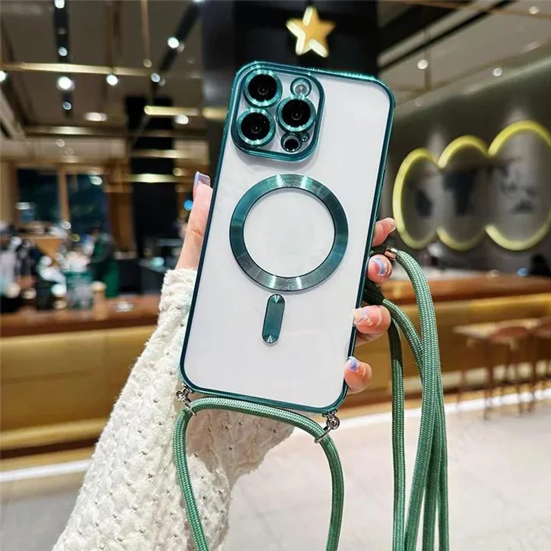 

Plating Magnetic Case For iPhone 15 13 14 11 12 Pro Max Plus With Lanyard Strap For Magsafe Clear Phone Cover Wireless Charge