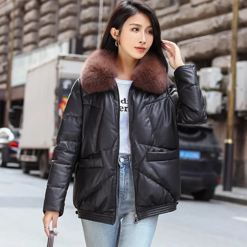 Winter New Leather Down Coat Outdoor Swat Labor Cycling Riding Hunting Women's Short Sheep Skin Fox Fur Collar Small Tops Jacket