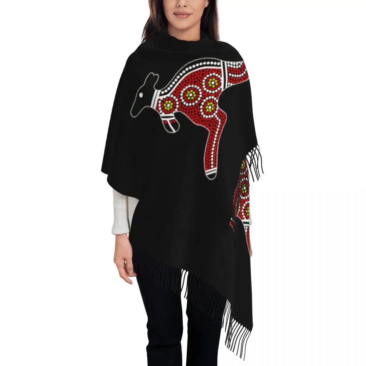 

Женский шарф-кенгуру с кисточками на заказ, зима-осень, теплая шаль, женские шарфы с австралийским аборигеном