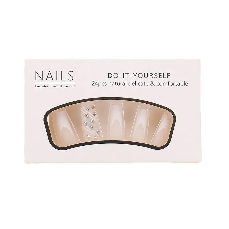 24pcs Colorful Diamond Glitter Removable Fake Nails Acyrlic Press on Nail Extra Long False Nails Square Girl White Stick-on Nail