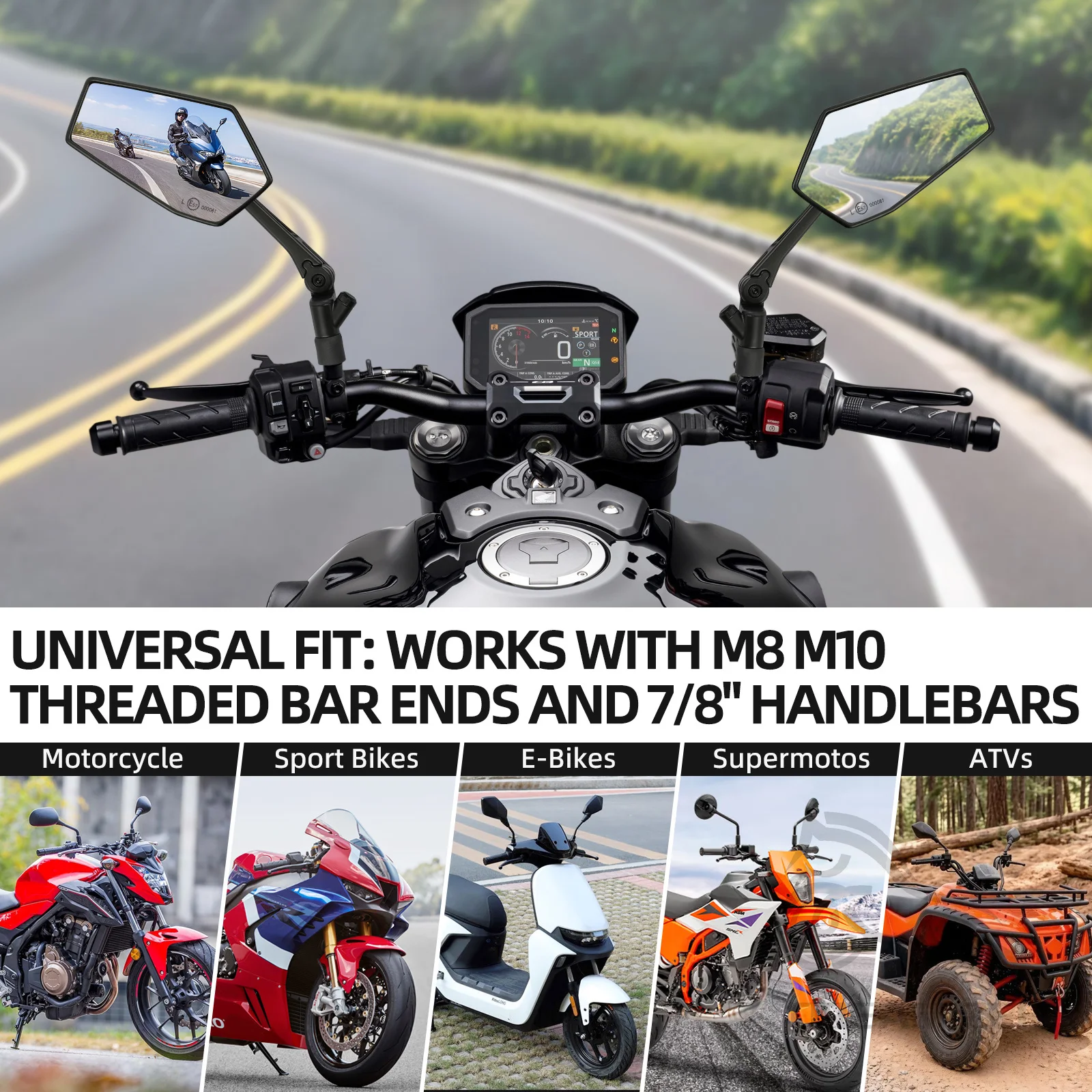 2pcs M8 M10 Universal Motorcycle Mirrors Rear View Mirrors Black Foldable Side Mirror With 7/8" Handlebar Mount