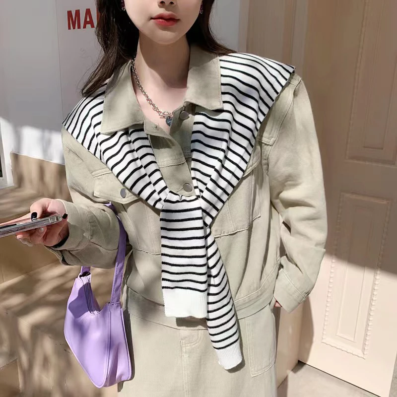 Women Blouse Shoulders Korean Style Knitted Shawl Fake Collar Cape Knotted Scarf Stripe Neck Guard Scarve Clothes Decoration