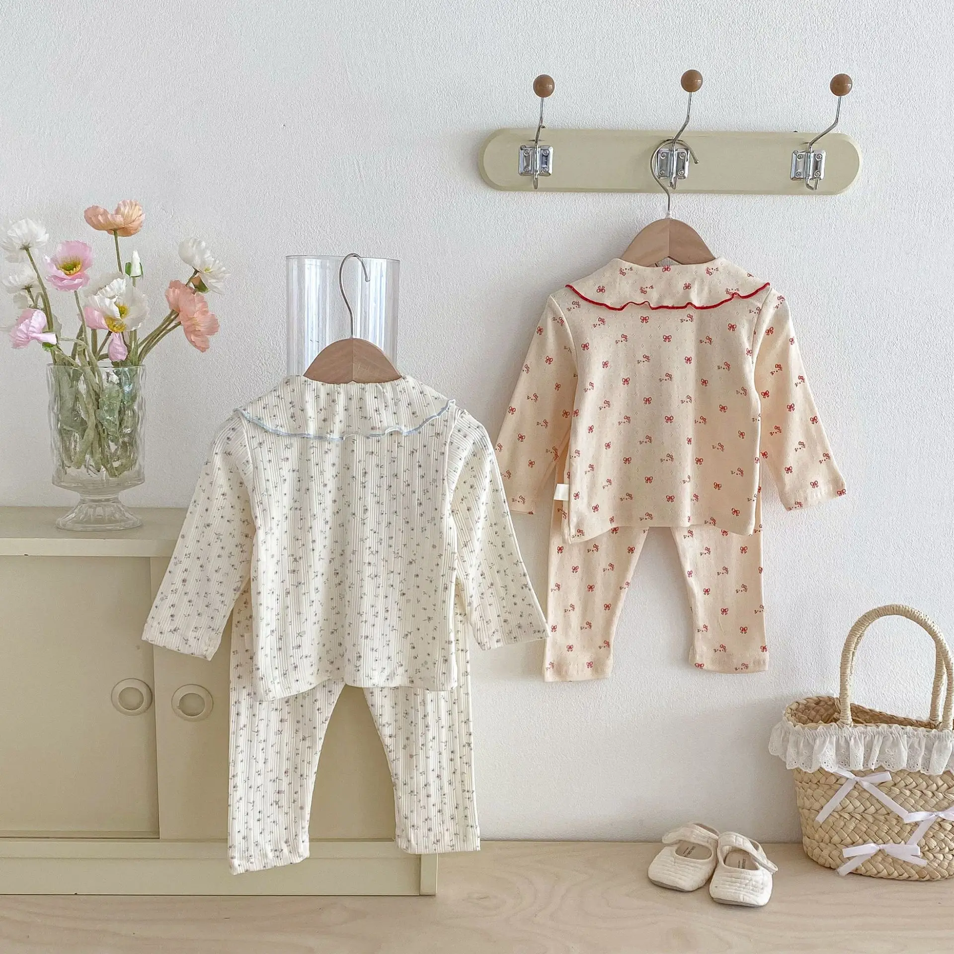 2026 Spring New Baby Girl Long Sleeve Home Clothes Set Infant Girls Sweet Floral Bow Lapel Cotton Pajamas 2pcs Suit Toddler Set
