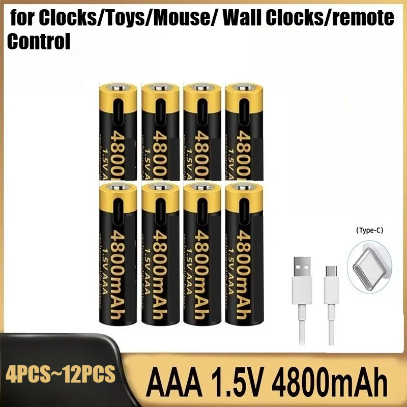 4800mAh AAA Lithium Rechargeable Battery 1.5V USB-C Fast Charge High Capacity for Clocks/Toys/Mouse/ Wall Clocks/remote Control