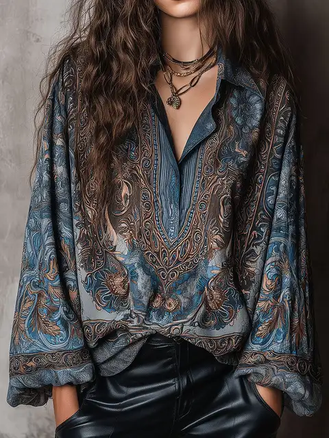 Blusa holgada con estampado Paisley retro para mujer, cuello de solapa, manga larga, camisas básicas informales, tops bohemios de playa, blusas para mujer