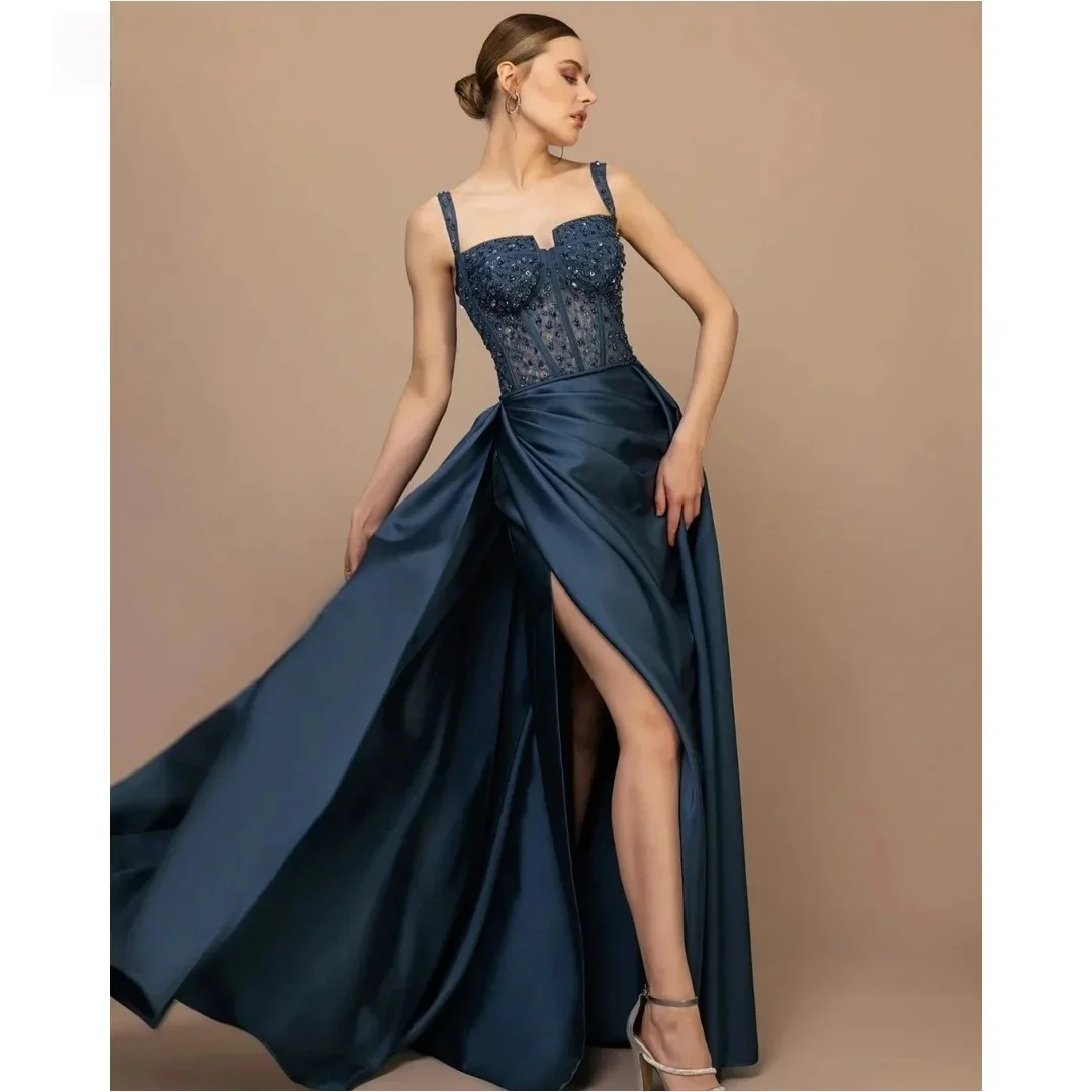 

Navy Blue Slit Pearls Long Bespoke Occasion Gown Evening Dresses Pastrol Unisex Jersey Retro Dubai Saudi Arabic Prom Customized