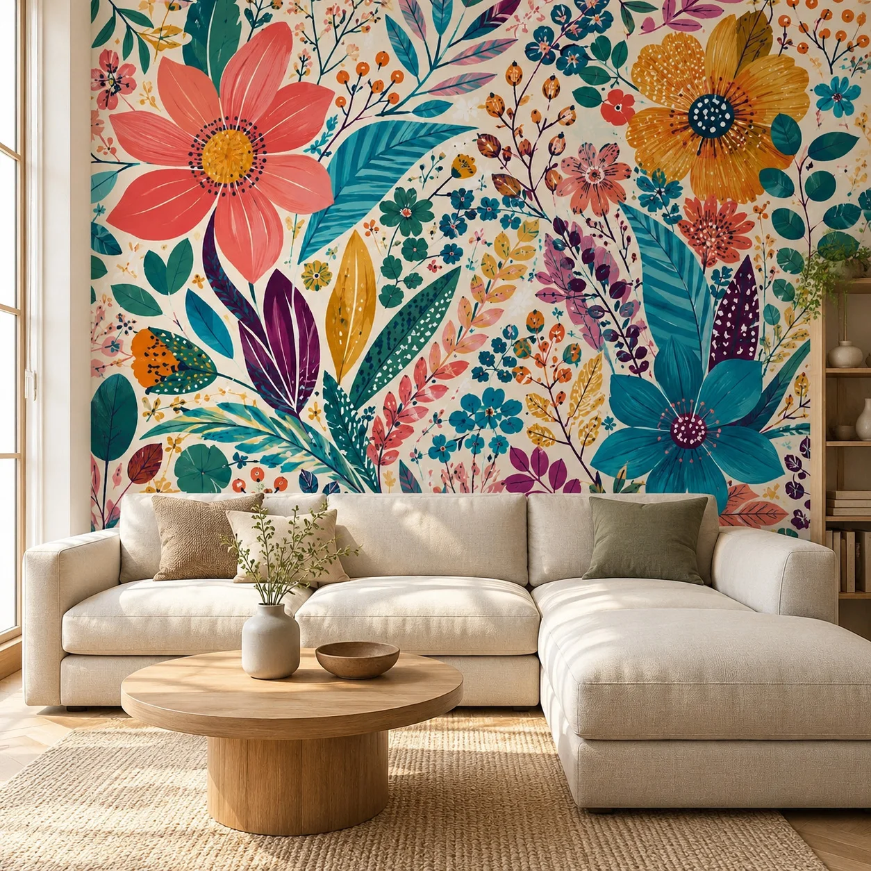 カラフルなボヘミアン風花柄ウォールアート壁紙、リビングルームやダイニングルーム用のマキシマリストボタニカルフォークアート装飾、貼り付けが必要です。