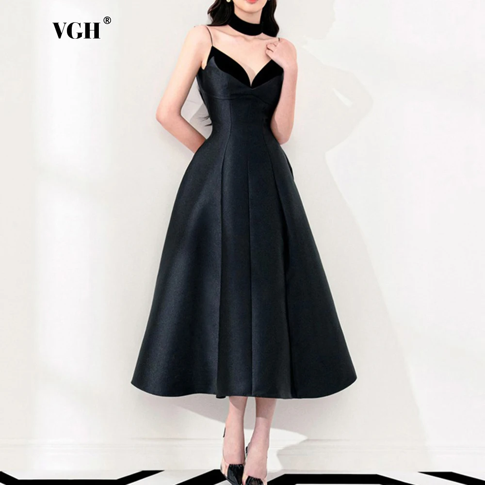 

VGH French Elegant Vintage Backless Long Dresses For Women V Neck Sleeveless High Waist A Line Cocktail Dress Female Fashion New