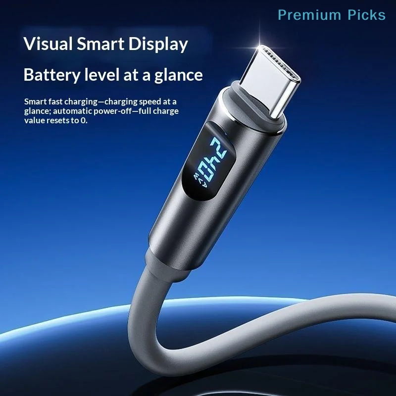 USB C to USB C 240W Fast Charging Cable LED Digital Display 480Mbps Data Cord Compatible with Most Type C Devices Home Use
