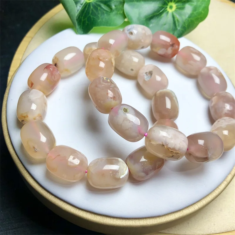 Natural Flower Agate Bucket Bead Bracelet Handmade Crystal Jewelry Stretch Bangle Children Birthday Gift 1PCS 12x16mm