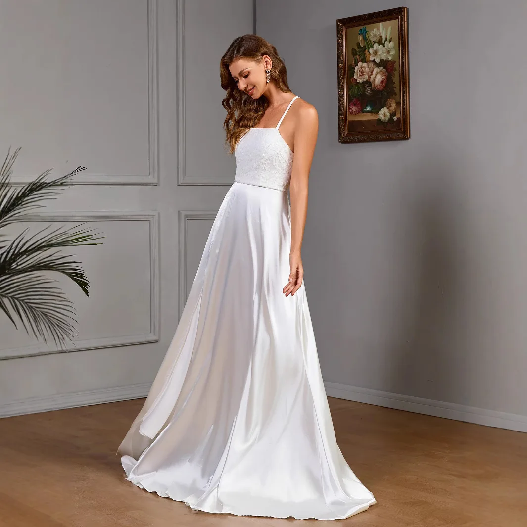 새로운 여성용 민소매 멜빵 화이트 스트랩리스 새틴 민소매 웨딩 드레스 Y2k 2025 여름 드레스 로브 베스티도 여성 우아한