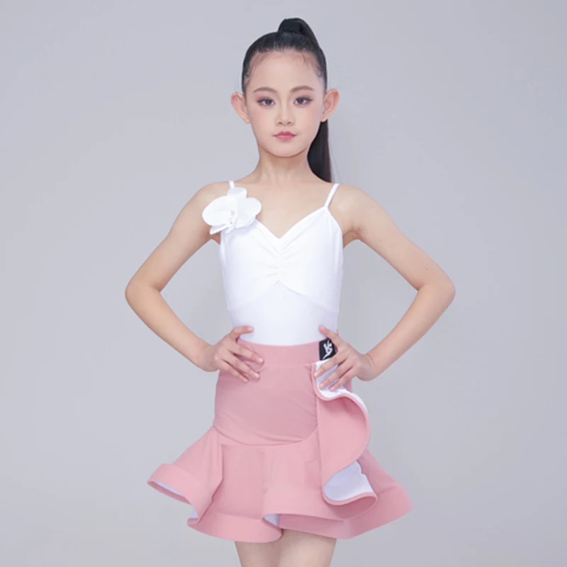 

New Latin Dance Clothes Girls White Tops Pink Skirt Summer Practice Training Dance Wear Kids Cha Cha Rumba Dance Dress DNV23181