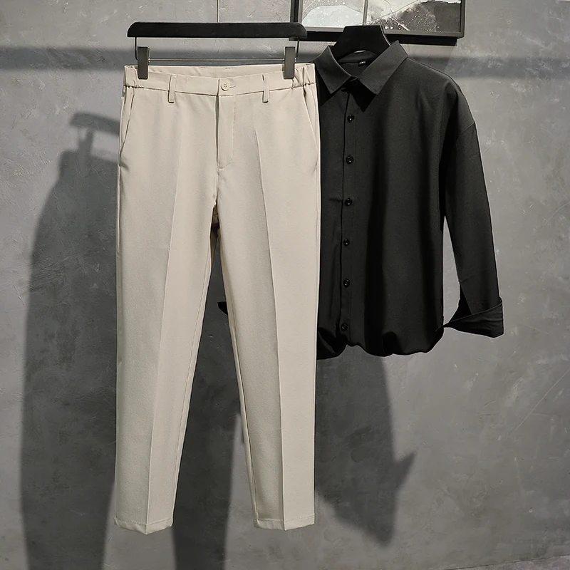 Sagging suit pants for men's summer fashion Korean straight fit casual versatile business cropped solid color pants