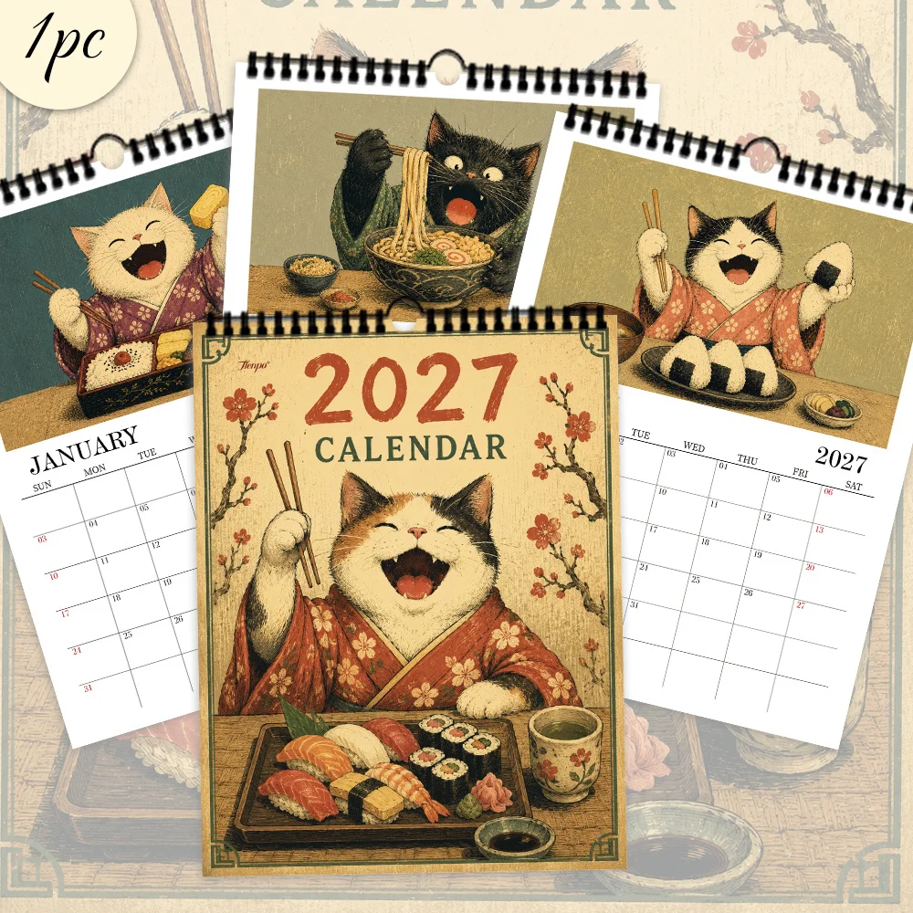 1pc 2027 Ukiyo-e Kimono Cat Art Wall Calendar,12-Month Monthly Planner,Perfect Gift For Back-to-School, Christmas, Or New Year