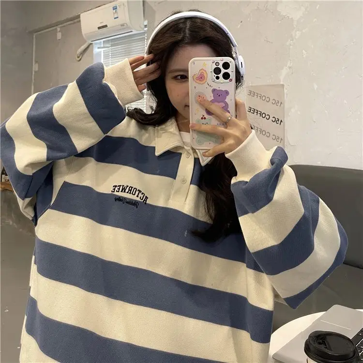 College polo collar stripe fleece female age season American wind coat design feeling Y2K senior feeling restoring ancient coat