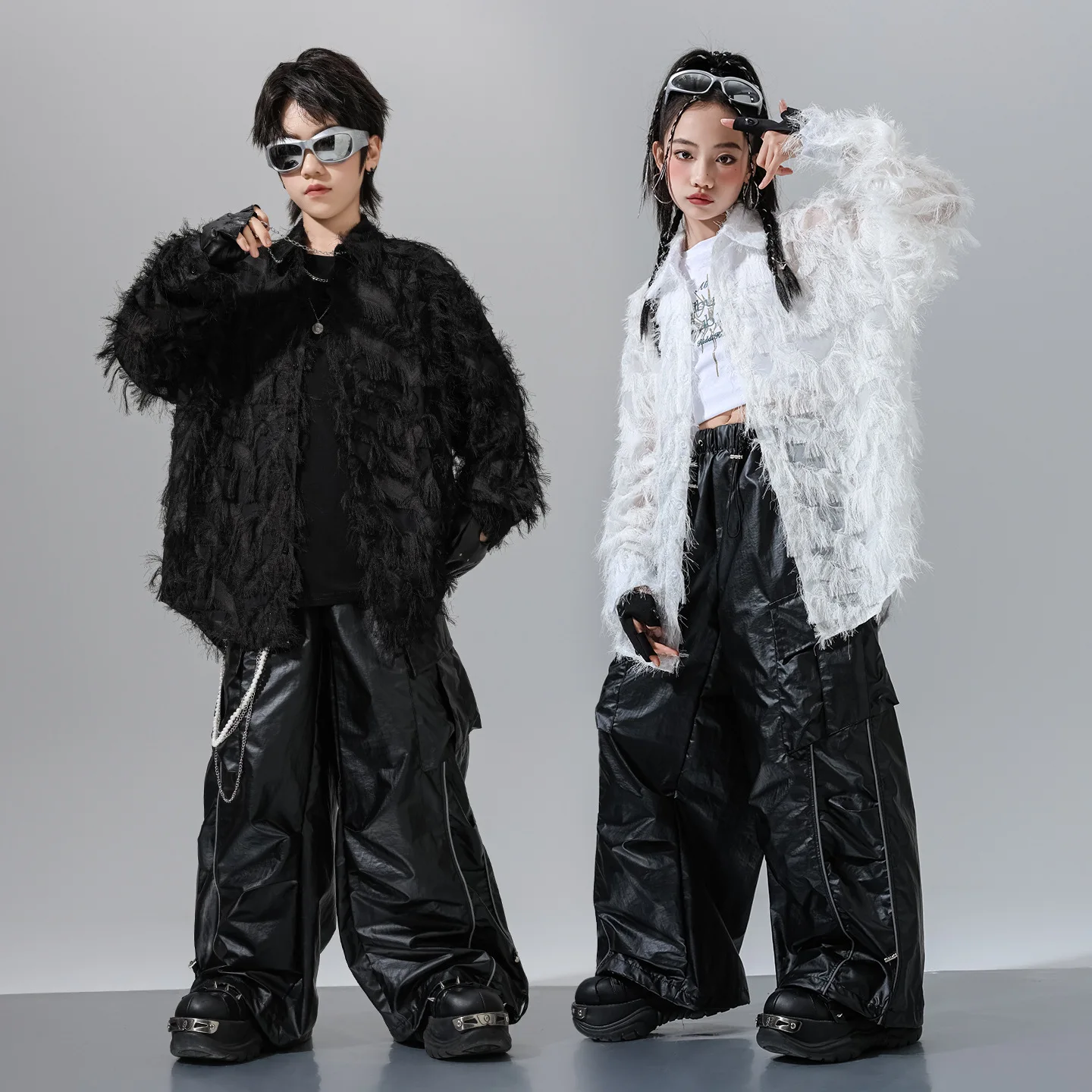 

Детская уличная одежда для мальчиков и девочек, легкая свободная рубашка с длинными рукавами в стиле хип-хоп, комплекты брюк-карго, детская рубашка, брюки, одежда для выступлений на сцене