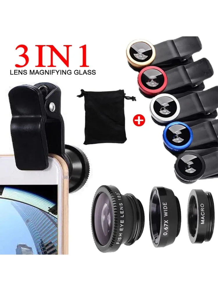 Objectif de téléphone Fisheye 3 en 1, Zoom grand Angle 0,67x, Macro œil de poisson, Kits de caméra avec Clip pour téléphone intelligent iPhone Xiaomi