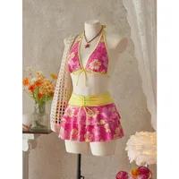 Elegant Floral Color Block Swimsuit Women Triangle Halter High-Waist Bikini Set Cover Up Skirt 2026 New Micro Bikini Three-Piece - Image 2