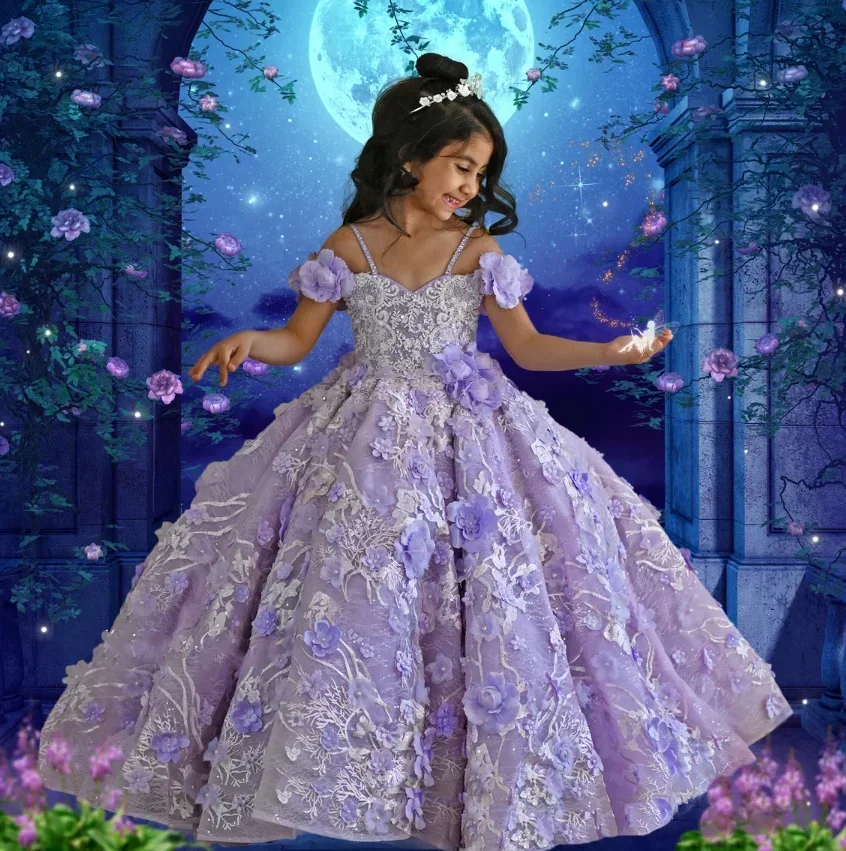 Gaun Gadis Bunga Applique Bunga Lavender untuk Pernikahan Manik Panjang Selantai Gaun Komuni Pertama Pesta Ulang Tahun Anak Perempuan