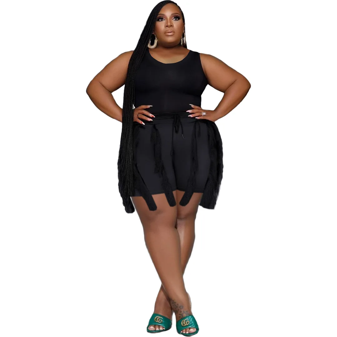 Plus Size kobiety modny dwuczęściowy zestaw body z dzianiny Top szorty z frędzlami casualowe w stylu Streetwear damski dres 2023 odzież wiosenna