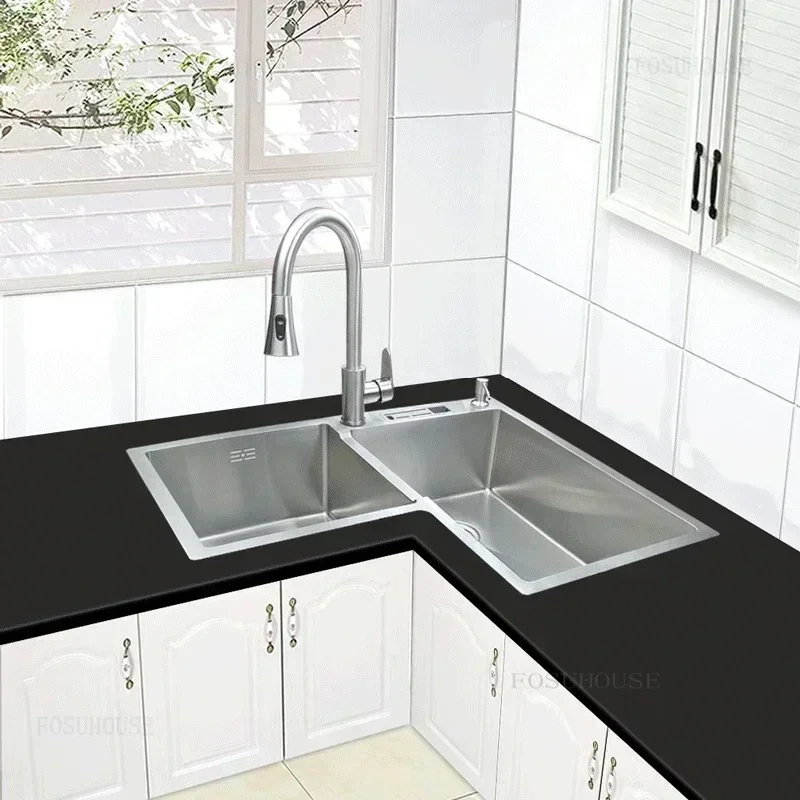 Modern Sink Thickened Stainless Steel Corner Basin Kitchen Sinks Shaped Trough Double Large Sink Kitchen Fixtures M