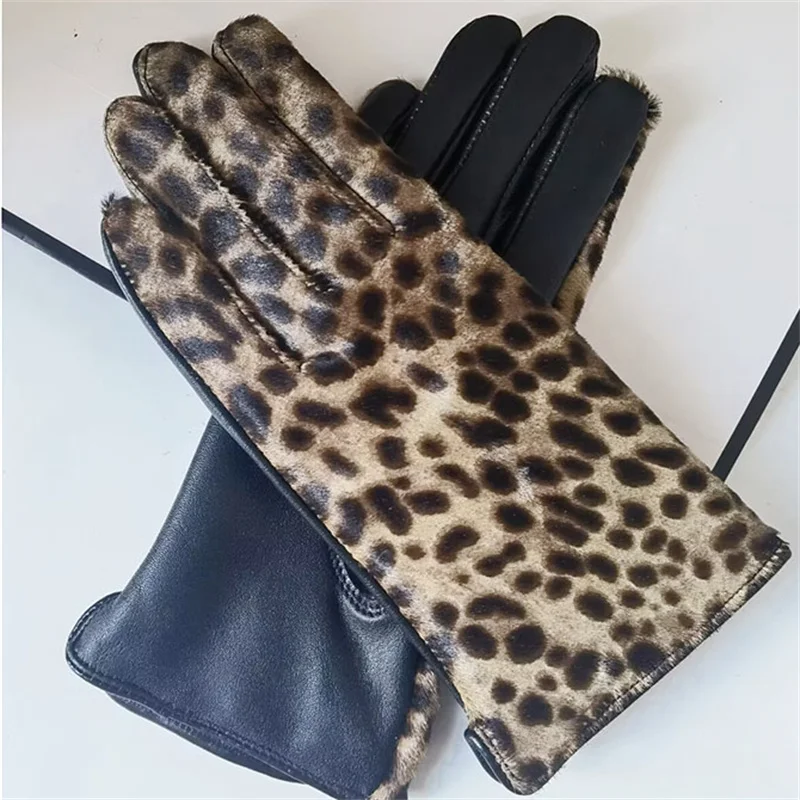 

Women Real Leather Leopard Gloves Short Genuine Sheepskin Driving Warm Winter Glove