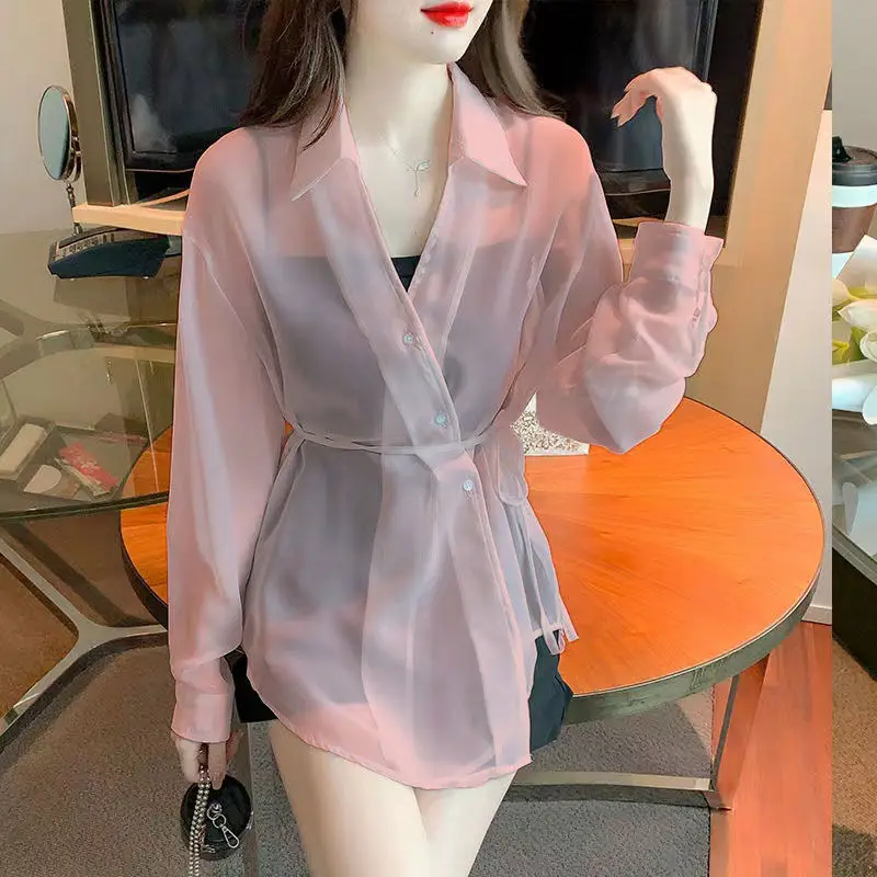 

Solid Colors See-Through Top Chiffon Cardigan Loose Long Shirt Women Lantern Sleeve Perspective Sunscreen Summer Clothes A356