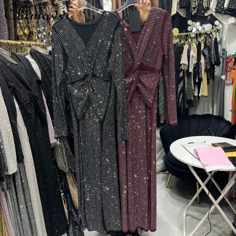 

French Rhinestone V-Neck Waist-Cinching Slim Dress Women Spring High-End Rhinestone Long Sleeve High Waist Elegant Party Dress