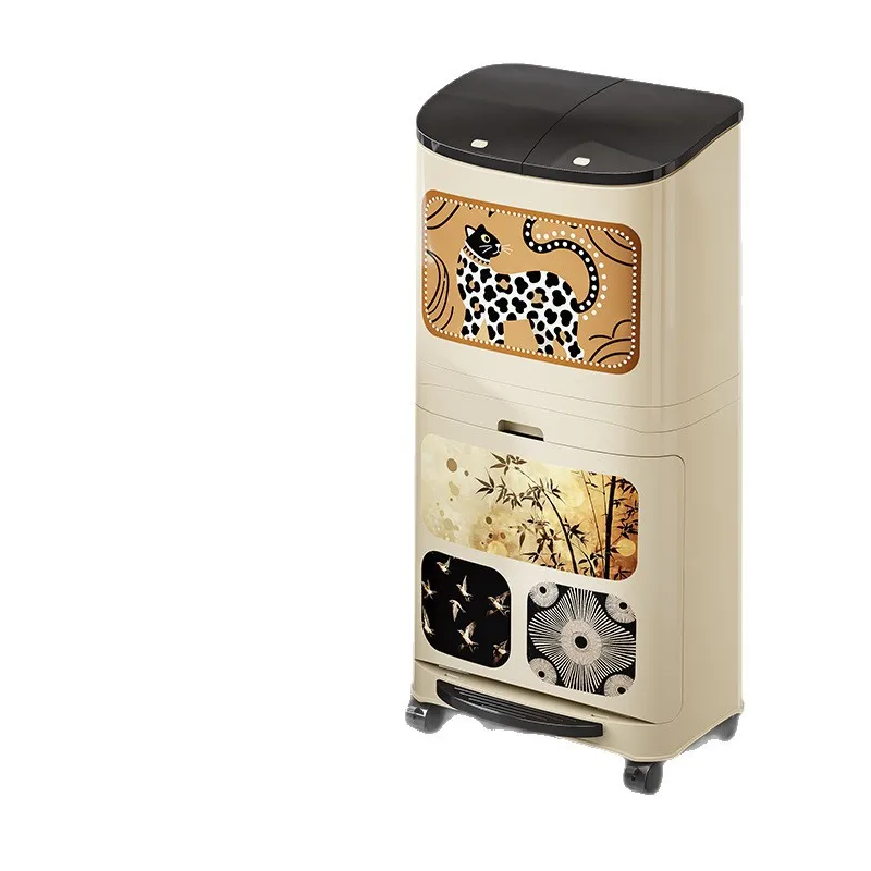 Multifunctional double-layer trash can Plastic retro style household no-bend kitchen living room garbage sorting