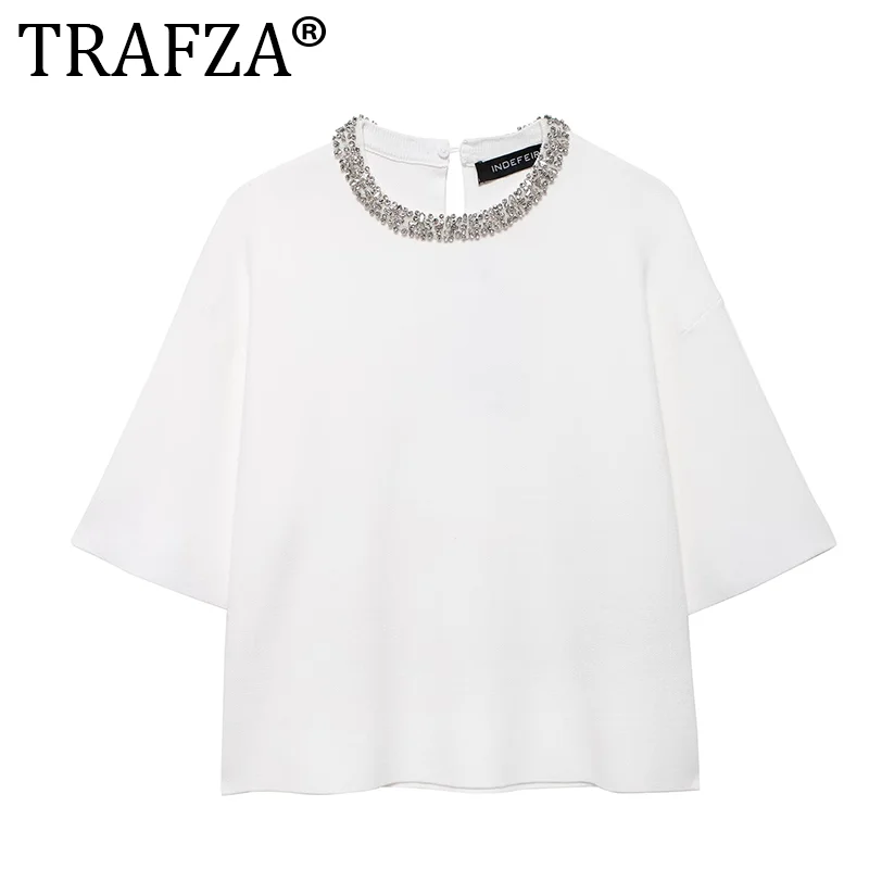 TRAFZA Women's Crew Neck Long Sleeves Pullovers Sweater 2024 Summer Fashion Casual Solid Elegant Slim Knitted Tops Female