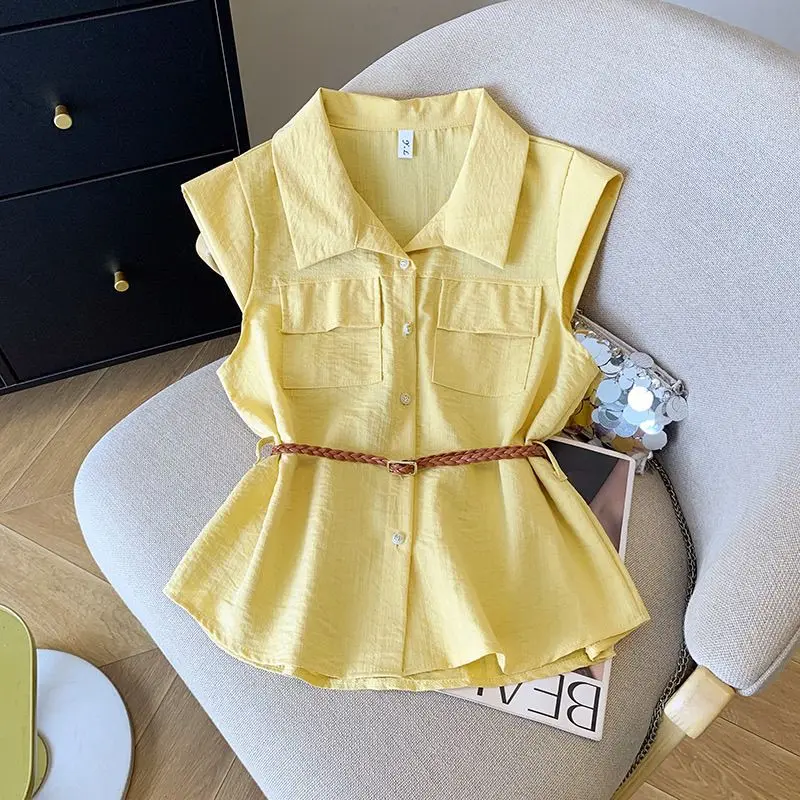 Temperament Sleeveless Solid Pockets Patchwork Blouse Summer Polo Neck Lazy Simplicity Shirt Tops Fashion Office Women Clothing