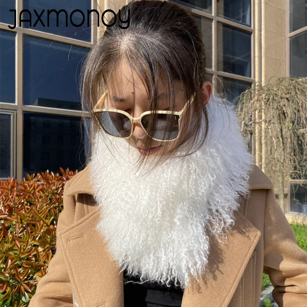 Jaxmonoy Real Mongolian Sheep Fur Scarf Women Detachable Lamb Fur Collar Winter Warm Fur Scarves Lady Fashion Neck Warmer Autumn