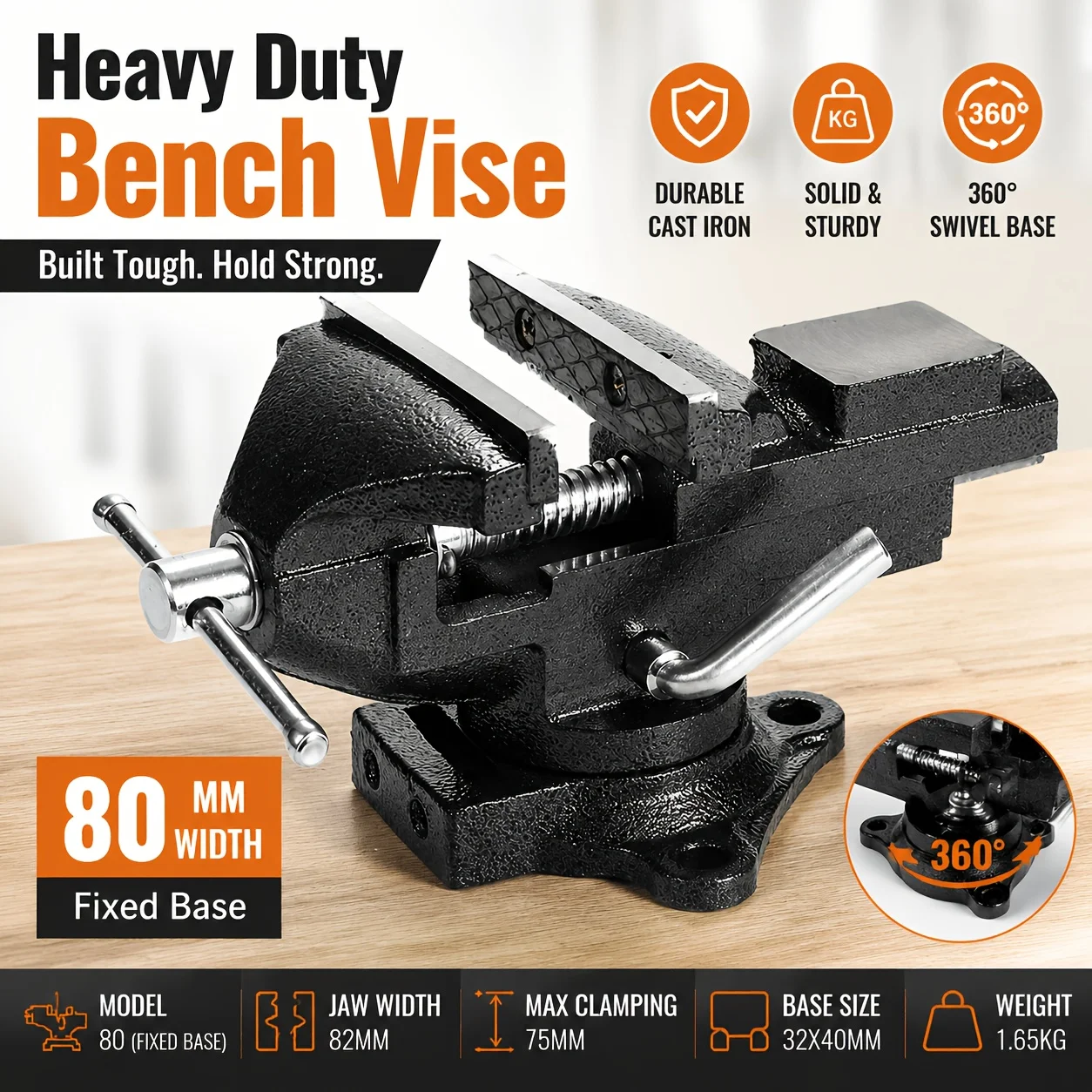 Heavy Duty Bench Vise, Cast Iron 360° Swivel Base Workbench Clamp, Multifunctional Metal Vice With Anvil For Woodworking, Metal Processing & Home Workshop Repair