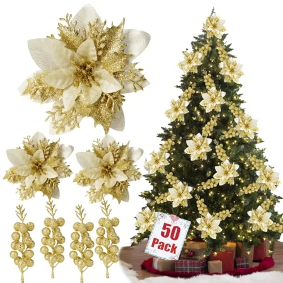 

50pcs Glitter Poinsettia Christmas Ornaments, Artificial Flowers with Clips Stems for DIY Wreath Making, Holiday Home Party Dec
