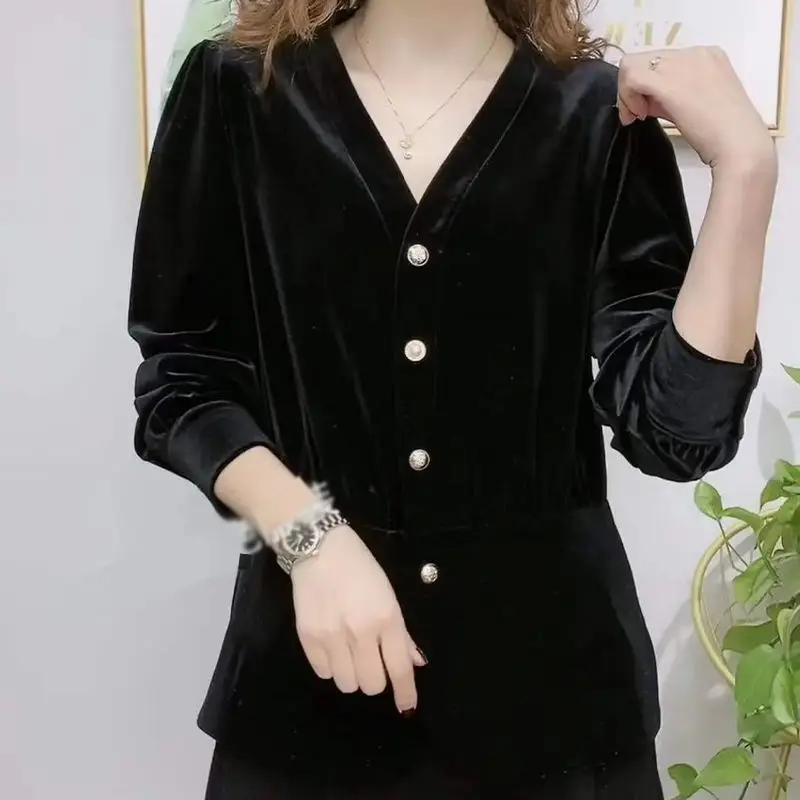 Women Vintage V-Neck Single-breasted Shirt Commuter Spring Autumn All-match Fashion Long Sleeve Solid Color Blouse for Female