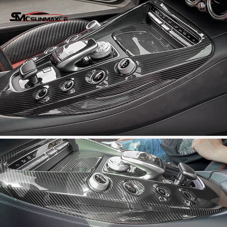Sunmax حقيقية 3K قبل preg ألياف الكربون الداخلية مركز وحدة التحكم والعتاد التحول لوحة الكسوة لمرسيدس بنز AMG GT GTS GTR 2016-2018