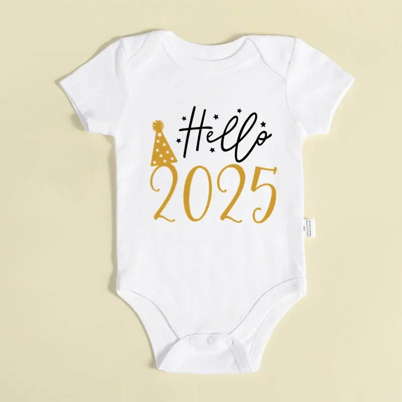 Hello 2025 Newborn Baby Bodysuit Cotton Short Sleeve Infant Rompers Body Baby Boys Girls New Year Ropa Clothes Christmas Gift