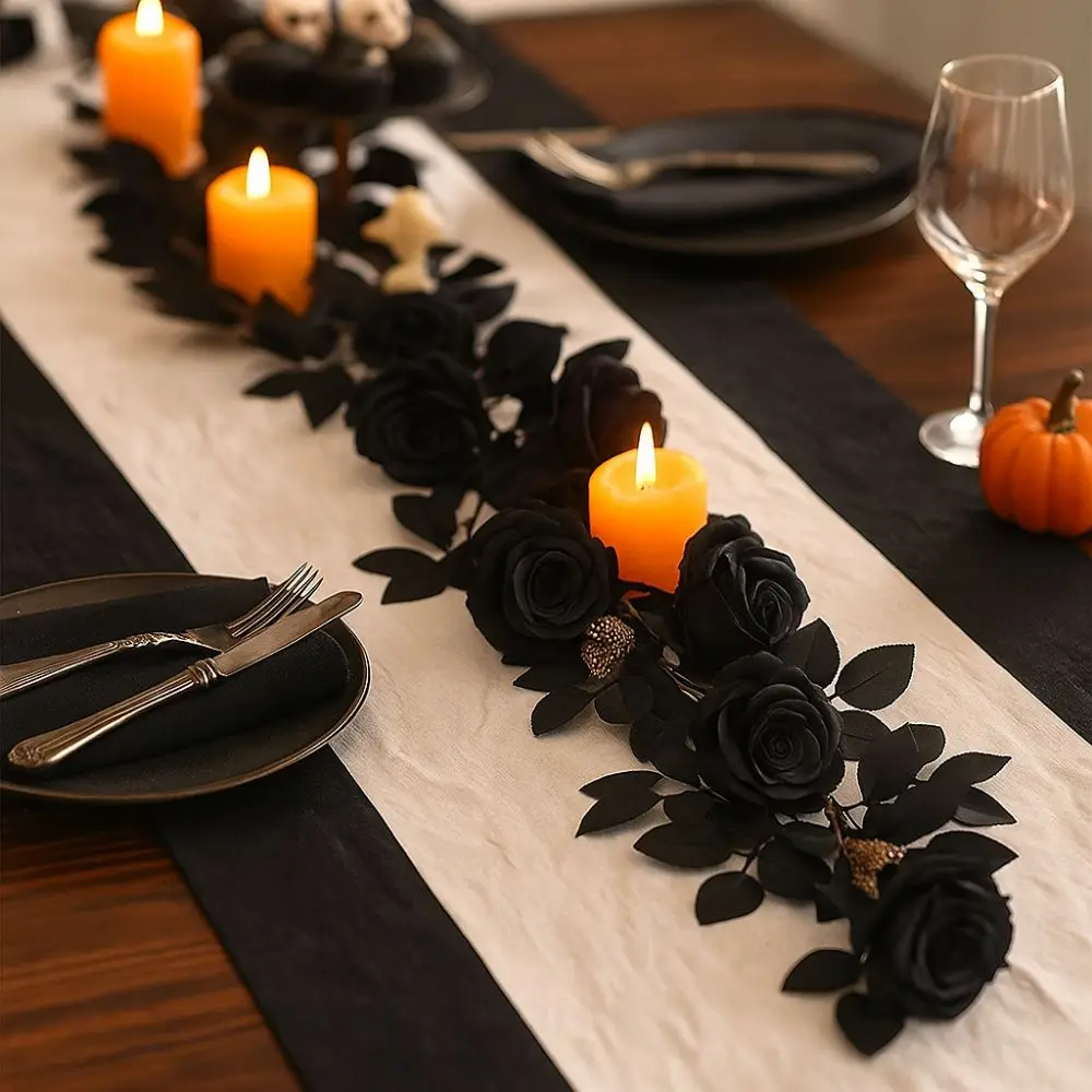 Black Halloween Rose Leaf Vines 175cm Realistic Artificial Rose Vines Handmade Simulated Flowers Halloween Garland