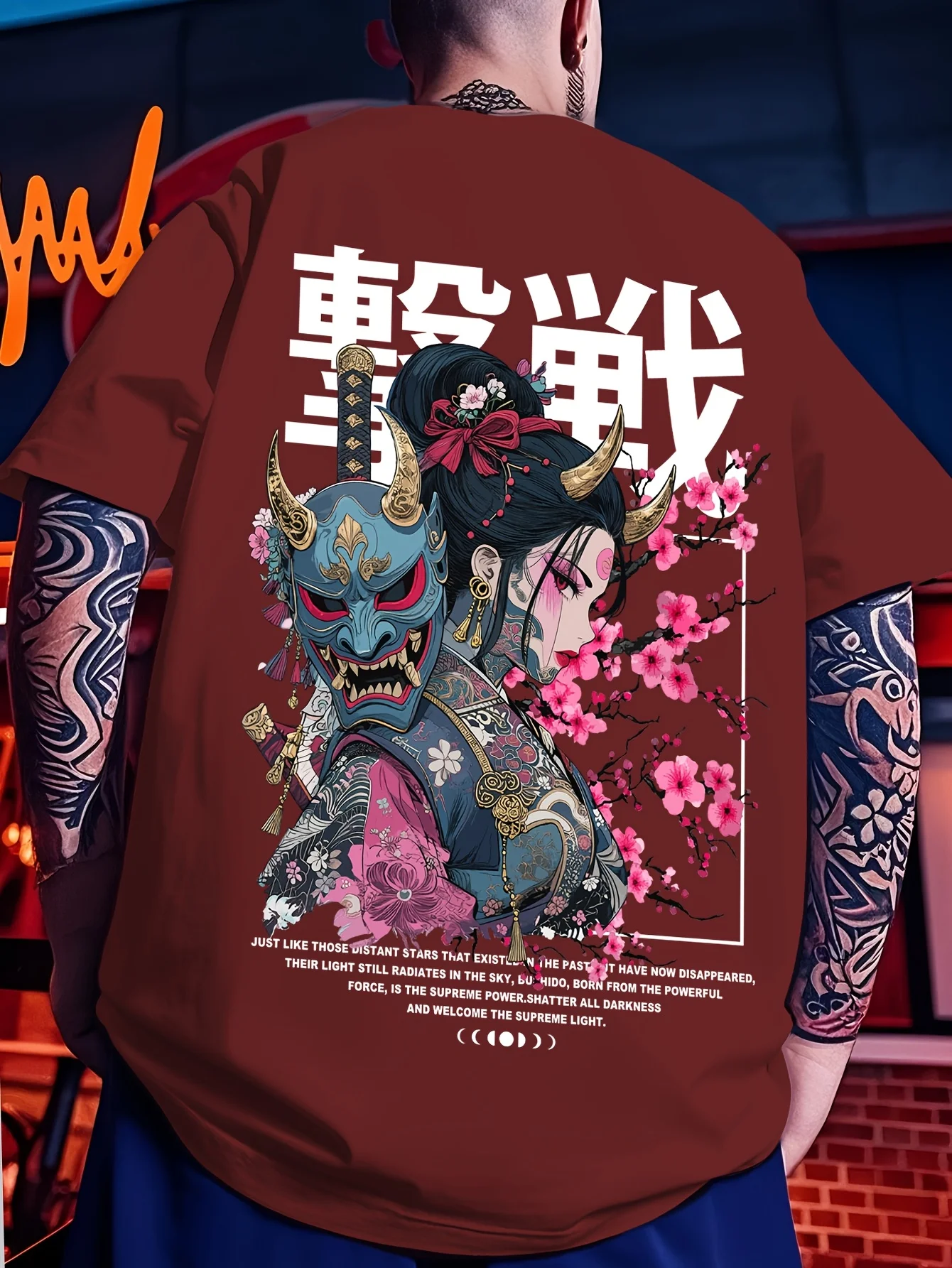 Herren-T-Shirt mit japanischer Oni-Geisha-Grafik, Samurai-Maske, Sakura-Kirschblüten-Druck, Streetwear, Hip-Hop, lässiges Herren-T-Shirt – Detail 6