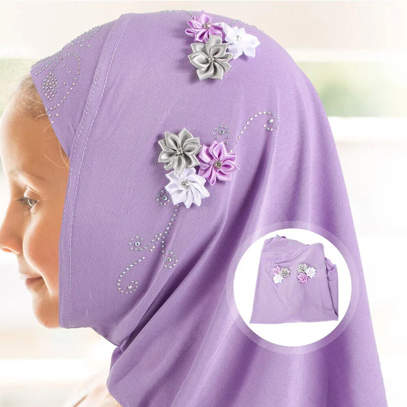 Modest Beauty girls Muslim Islamic Scarf Hijab Handmade flower lovely Rhinestone Headscarf for Kids